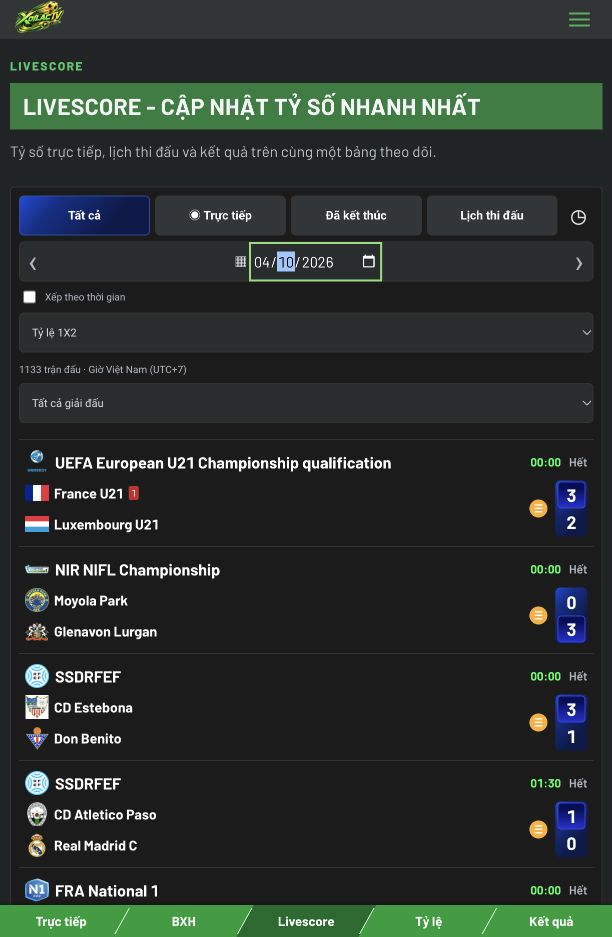 Bảng tỷ số bóng đá Livescore Xoilac ngày 04/10/2026, có logo Xoilac