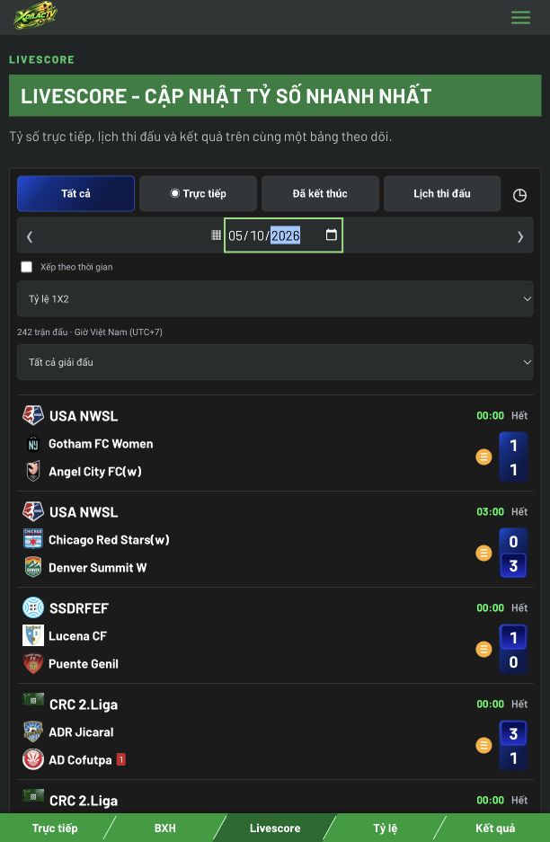 Bảng tỷ số bóng đá Livescore Xoilac ngày 05/10/2026, có logo Xoilac